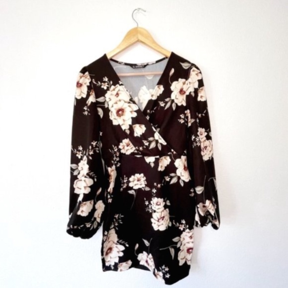 SHEIN Boho Floral Lantern Sleeve Dress Black Size Small